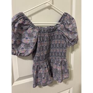 J. Crew Smocked Square Neck Cotton Top Liberty Club Nouveau Floral  Sz S EUC